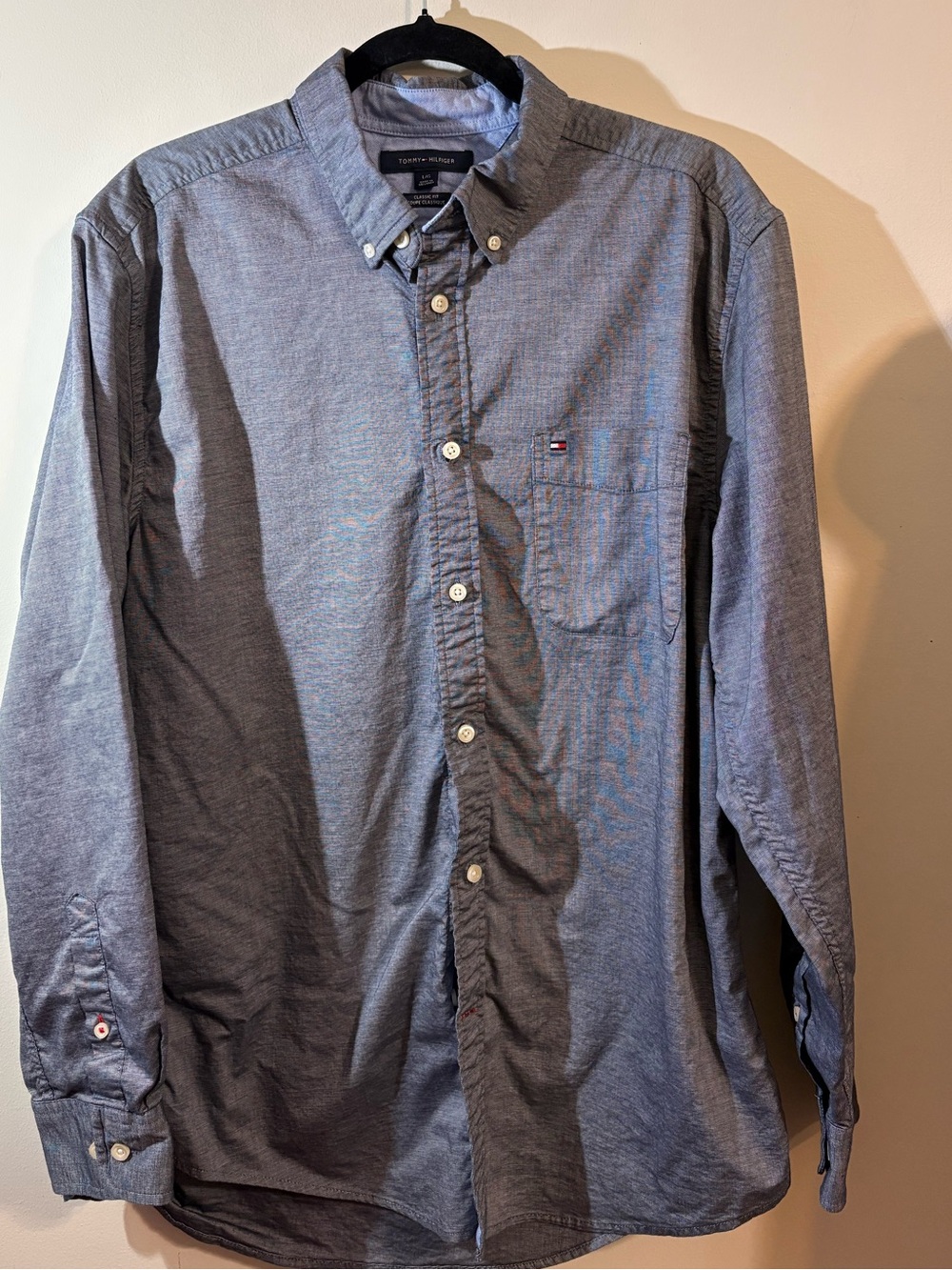 Tommy Hilfiger‎ Men's large Slate Blue Button-Down chambray Shirt button collar